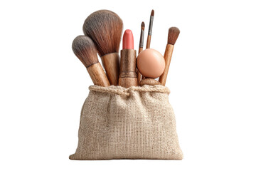 PNG Natural makeup brushes and tools in burlap bag on black background