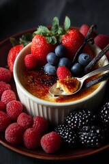 Delightful Crã¨me Brã»lã©e Served in a Ramekin With Fresh Berries and Vanilla Beans, Inviting a Sweet Culinary Experience