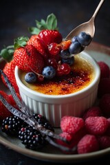 Golden Caramelized Creme Brulee Topped With Fresh Berries and Vanilla Beans, Beautifully Presented and Inviting