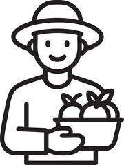 Smiling Farmer Holding a Basket of Fresh Fruits Outlined illustration farmer wearing hat and