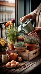 Charming Urban Balcony on a Sunny Spring Day Filled With Blooming Plants and Herbs, Showcasing the Joy of Nurturing Nature