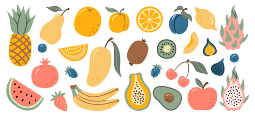 Colorful hand-drawn doodle illustration of assorted fruits like pineapple, mango, and dragon fruit, perfect for healthy eating, tropical themes, and food-related designs.