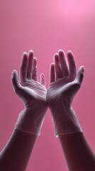 Midwife Hands Reaching Toward the Sky in a Moment of Support and Care, Symbolizing Love and Anticipation Against a Soft Pink Background