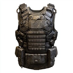 A heavily armored tactical body vest with pouches and metallic plates, sits against a white background, displaying intricate details and a futuristic design.