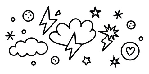 Cloud with lightning and stars doodles isolated on white background