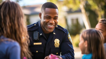 Joyful African American police officer interacting with children