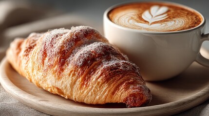 Perfectly Baked Croissant With Cappuccino on a Light Wooden Table in a Modern Bakery Setting