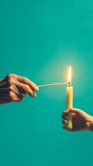 Connection Across Generations as an Old Hand Lights a Candle Held by a Young Hand, Symbolizing the Passing of Wisdom and Tradition Amidst Vibrant Colors