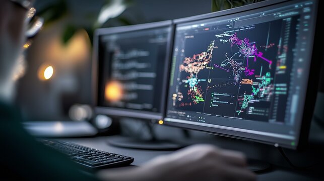 Data analysis techniques office workspace digital graphics high-tech environment close-up view technology insights