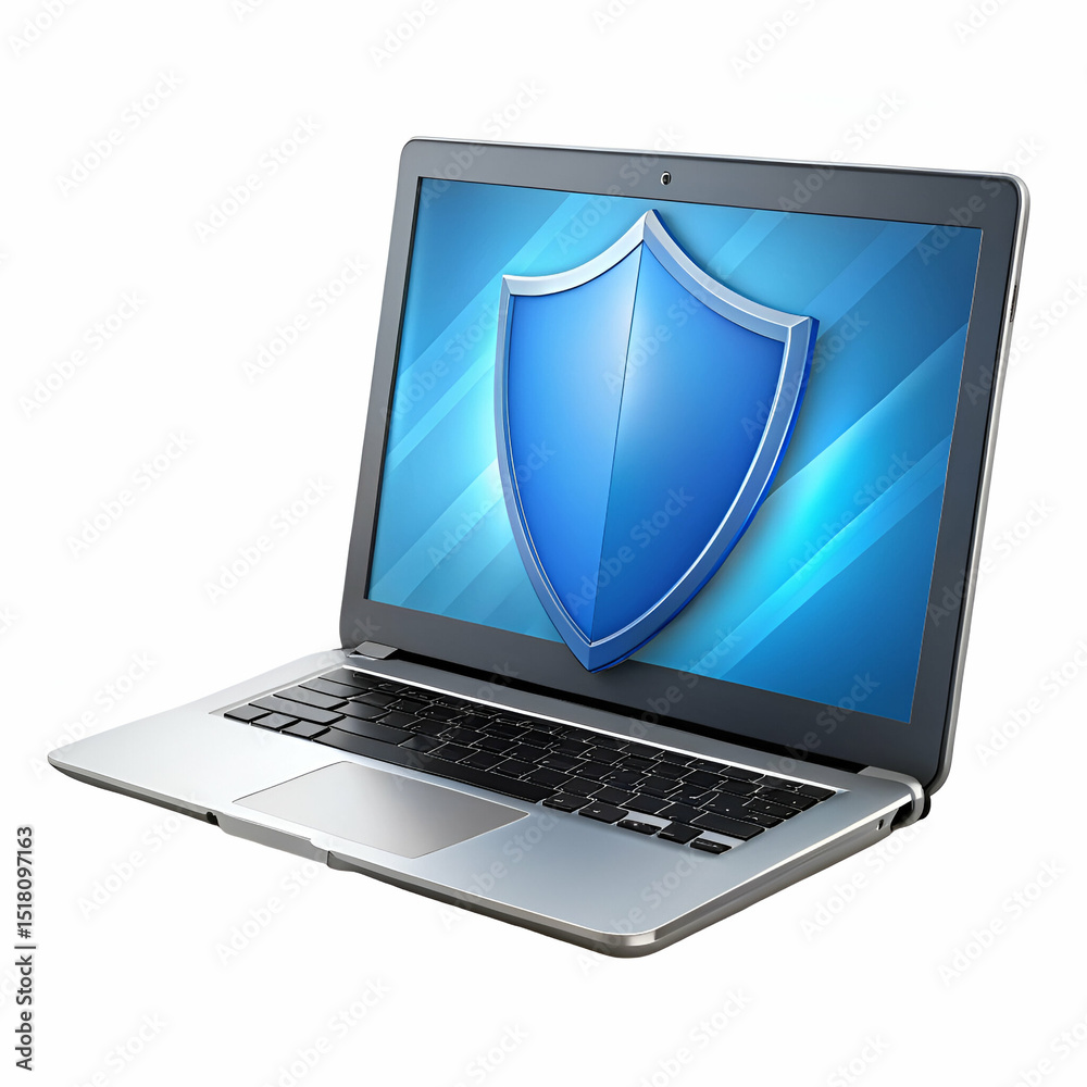 Poster laptop displaying a shield symbol representing computer data security and protection online