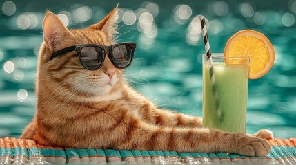 Relaxing in Style, a Ginger Tabby Cat Enjoys a Sunny Day by the Pool With a Tropical Cocktail and Sunglasses