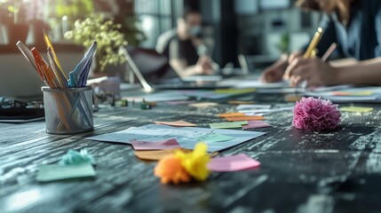 Creative brainstorming session in modern office collaborative workspace work environment close-up perspective innovation