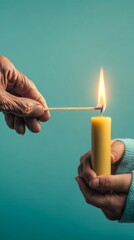 Connection Across Generations as an Old Hand Lights a Candle Held by a Young Hand Amidst a Soft-Focus Backdrop of Tranquil Colors