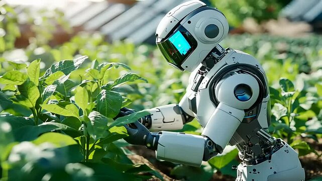 Robot tending to crops in a vibrant agricultural field, showcasing technology in farming practices
