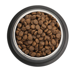 Dry pet food in feeding bowl isolated on white, top view