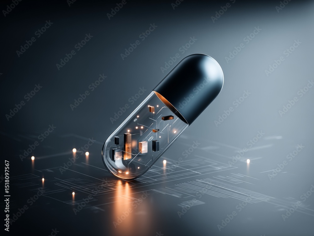 Poster futuristic capsule revealing a world of microchips and glowing technology in a sleek and minimal des