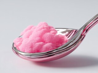 Intriguing Close-Up of a Shiny Pink Metal Spoon Cradling Fluffy Pink Clouds Against a Clean White Background