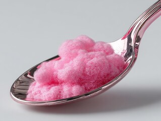 Delicate Pink Spoon Cradling Soft, Fluffy Cloud-Like Confection Against a Minimalist White Backdrop Invites Wonder and Whimsy, Capturing the Essence of Playful Indulgence
