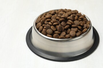 Dry pet food in feeding bowl on light background, closeup
