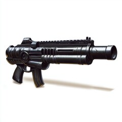 A sleek black futuristic weapon rests against a white background, hinting at advanced technology and combat scenarios in a world yet to be built with power.