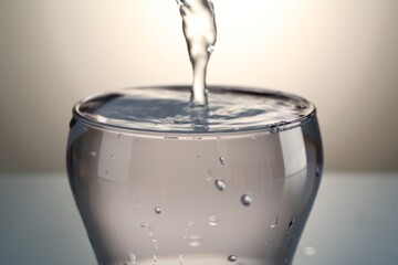Pouring water into glass on gray gradient background, closeup