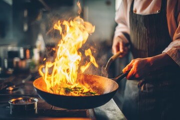 Restaurant chef cooks a pan on fire, fanning the flames and creating a culinary masterpiece
