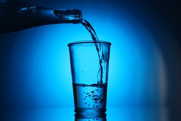 Pouring water from bottle into glass on blue gradient background. Backlit