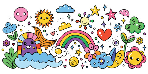 Colorful doodle illustration with rainbow, sun, clouds isolated on white