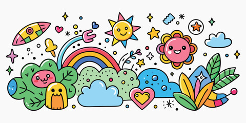 Colorful cartoon doodle illustration with rainbow and happy elements