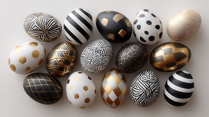 Fototapeta premium Geometrically patterned black, white, and gold eggs, arranged in an artistic and modern style
