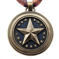 An intricately designed bronze medal with a prominent star at its center, surrounded by smaller stars and suspended from a decorative ribbon, symbolizing achievement.