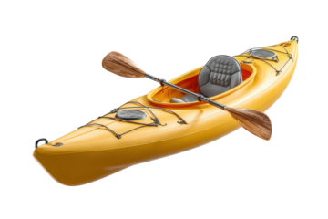 PNG Yellow kayak with wooden oars and gray seat on white background