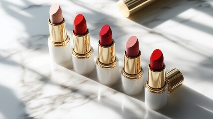 Luxurious lipstick collection on marble surface