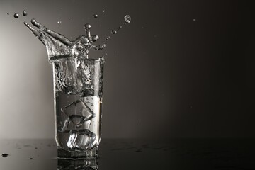 Fresh water splashing out of glass on mirror table against gray background, space for text