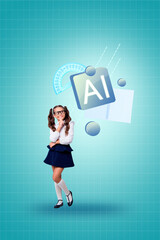 Pop zine sketch artwork collage of happy preteen schoolgirl stand ai button cyber courses diligent...