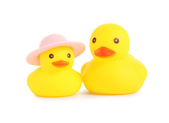 Cute rubber ducks isolated on white. Children's toy