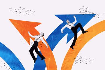 3D photo collage template trend artwork sketch of two young man twins walk arrow route success...
