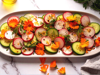 A salad of fresh cucumbers and radishes garnished with edible marigold flowers, dill and sesame on...
