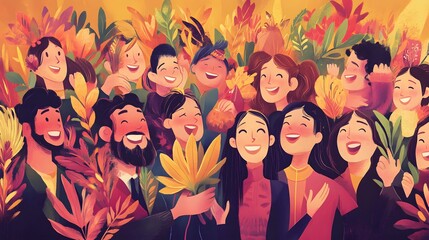 A joyful group of people surrounded by autumnal foliage.