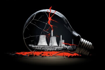 Blackout energy crisis symbolized by a cracking light bulb and an image of a power plant, power outage