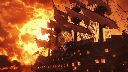 Majestic ship sailing through fiery sunset with dramatic skies and intense colors over calm waters - Powered by Adobe