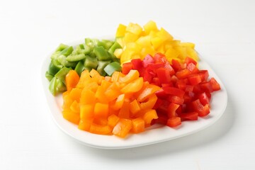 Pieces of fresh colorful bell peppers on white wooden table, closeup