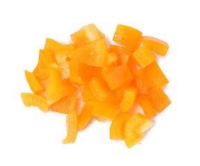 Pieces of fresh orange bell peppers isolated on white, top view