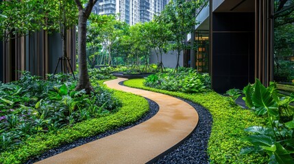 Naklejka premium Modern urban green landscape with winding pathway surrounded by lush plants and trees in a city setting with high-rise buildings in the background