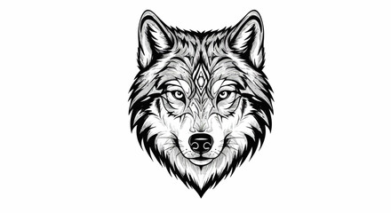 Detailed Black and White Wolf Head Illustration with Geometric Design