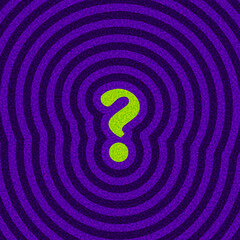 Bright green question mark over purple concentric ripple pattern. Vector illustration with bold, modern visual appeal.