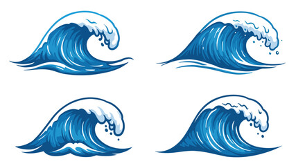 Four stylized blue ocean waves with white foam crests and transparent background