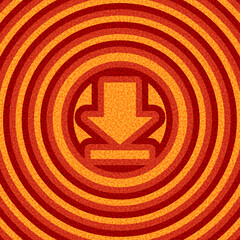 Bold red download arrow centered on layered orange concentric rings. Vector illustration with vibrant retro styling.