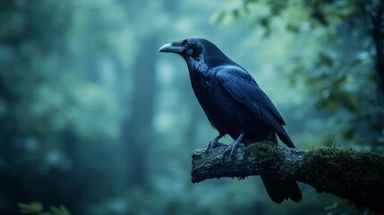 A solitary raven rests on a moss-covered branch, surrounded by a serene, mist-filled forest. Early morning light filters through the trees, enhancing the tranquil atmosphere