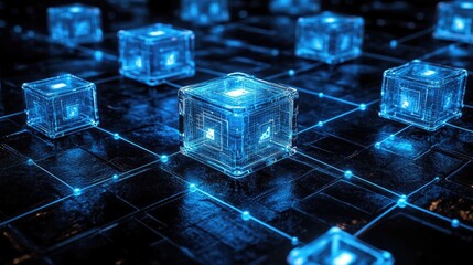 Network of glowing, transparent cubes.